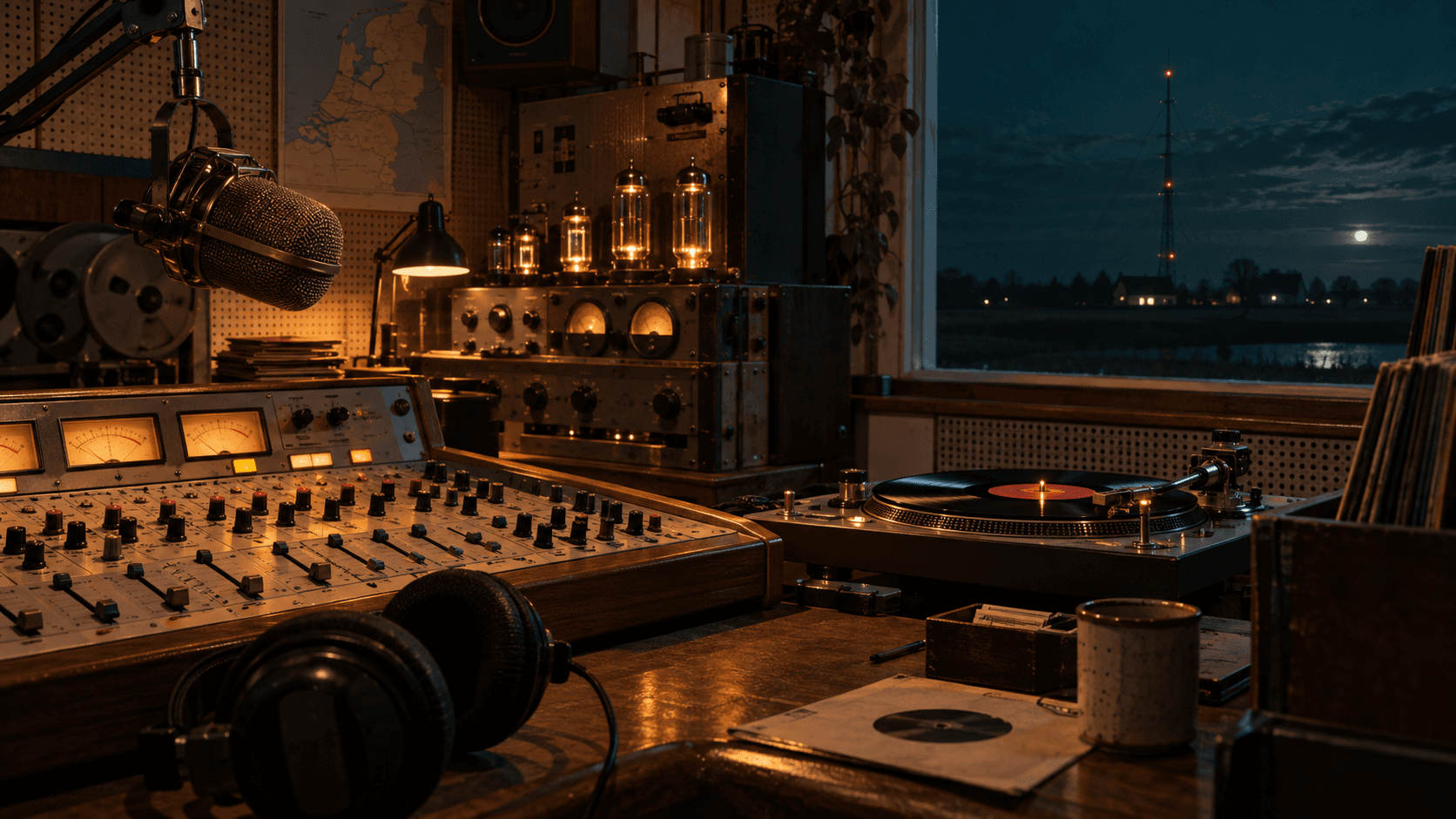 AM radio studio with mixing desk, record player and transmission mast